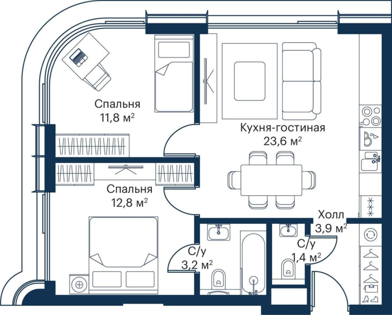 3 ккв (Евро) 55,1 м²