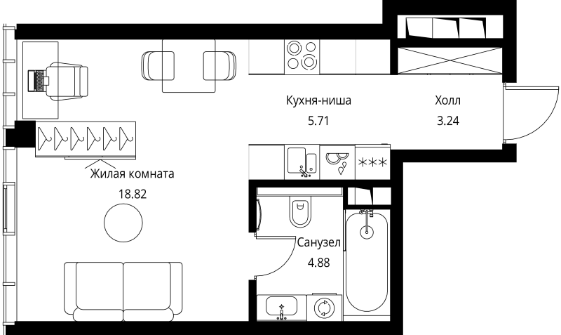 Студия 32,7 м²