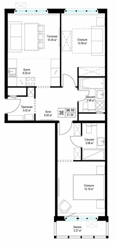 3 ккв (Евро) 62 м²