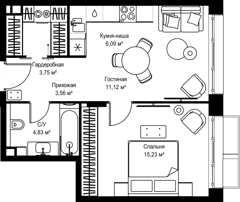 2 ккв (Евро) 44,6 м²