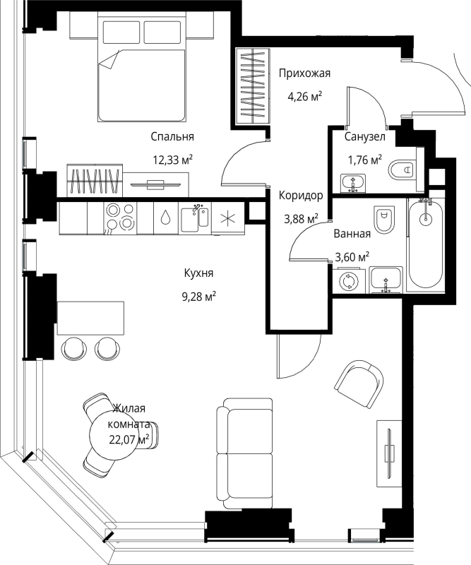 2 ккв (Евро) 57,2 м²