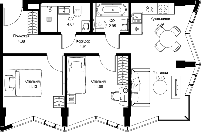 3 ккв (Евро) 57 м²