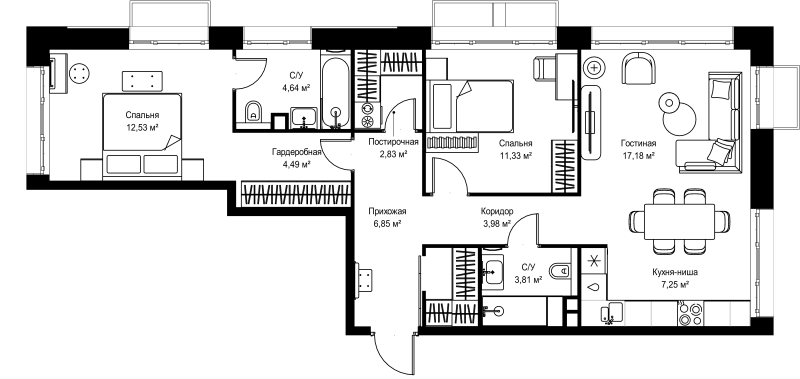 3 ккв (Евро) 77,1 м²