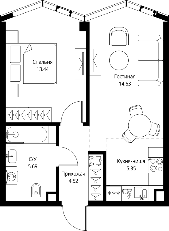 2 ккв (Евро) 43,6 м²