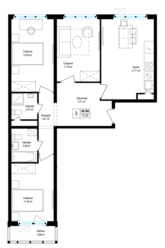 4 ккв (Евро) 75,9 м²