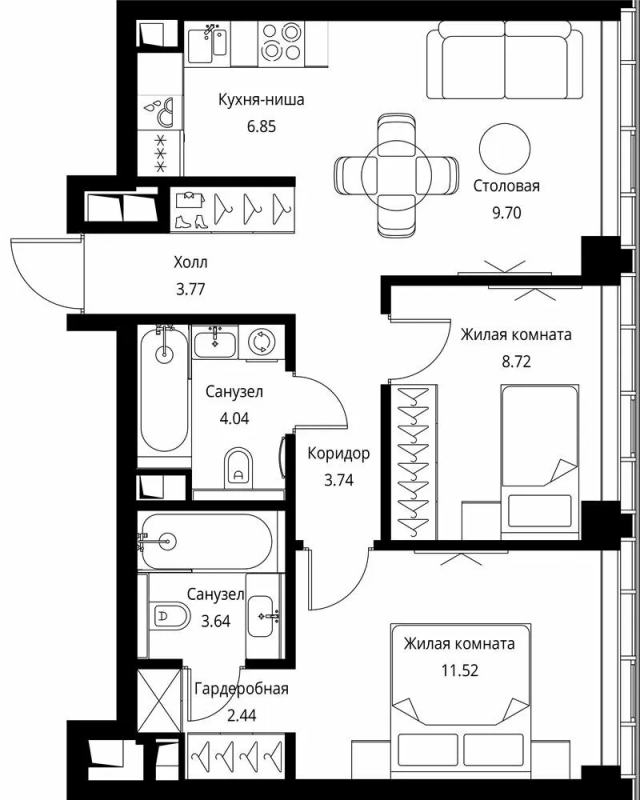 3 ккв (Евро) 54,4 м²