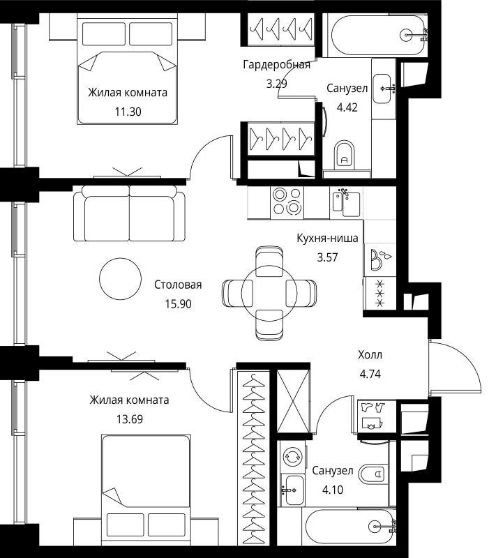 3 ккв (Евро) 61 м²