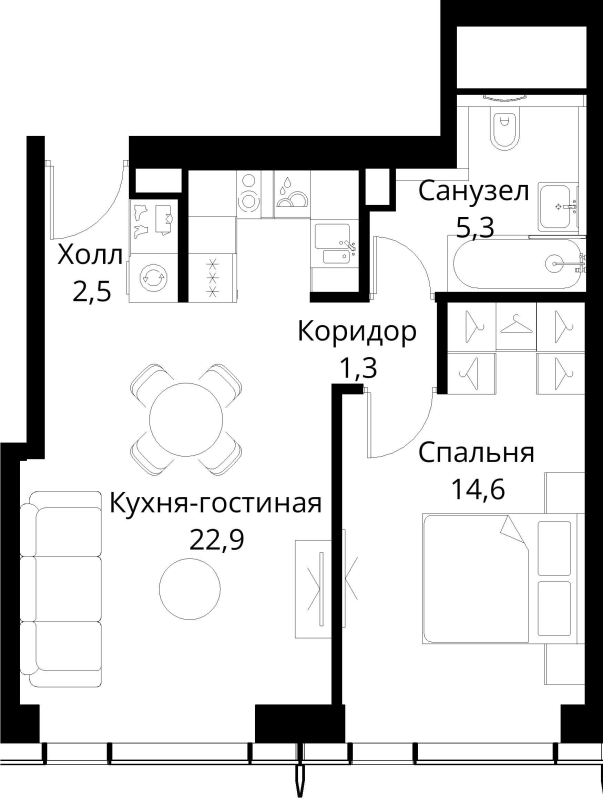 2 ккв (Евро) 46,6 м²