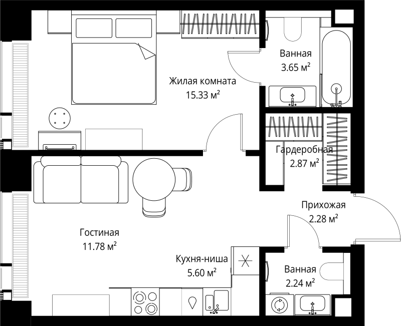 2 ккв (Евро) 43,8 м²