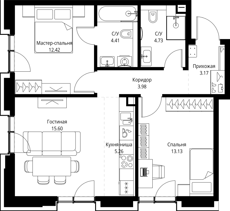 3 ккв (Евро) 62,7 м²