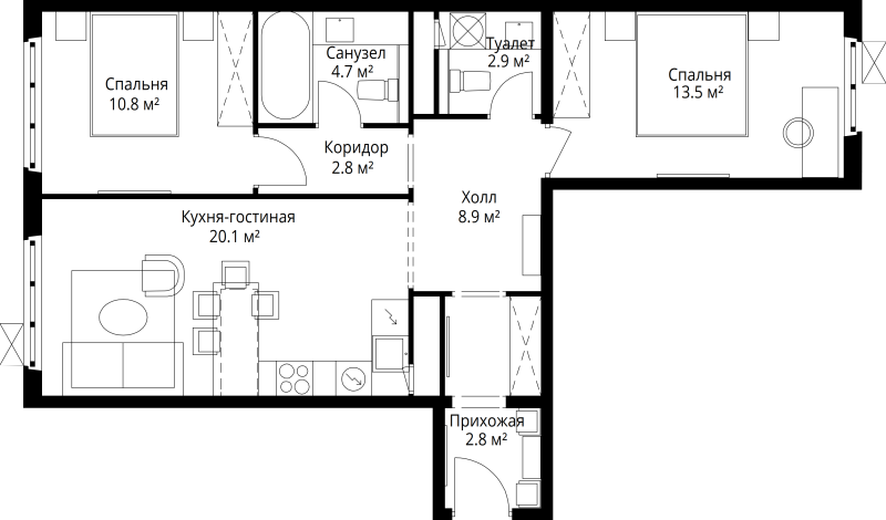 3 ккв (Евро) 66,5 м²