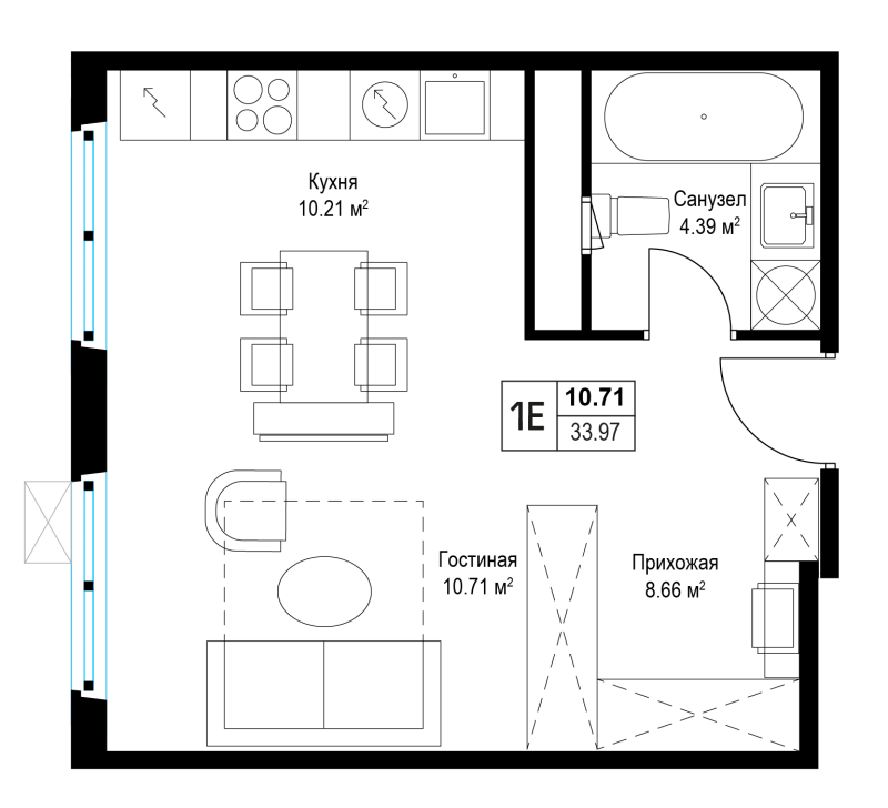 Студия 33,9 м²
