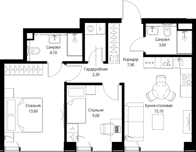 3 ккв (Евро) 55,5 м²
