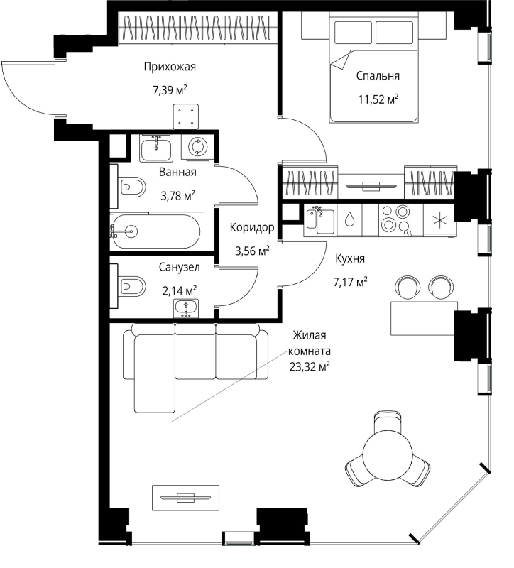 2 ккв (Евро) 58,9 м²