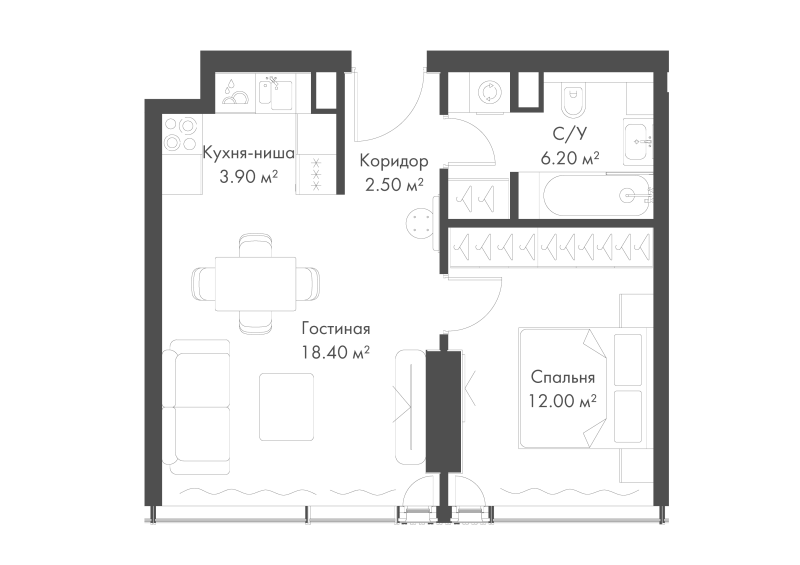 2 ккв (Евро) 43 м²