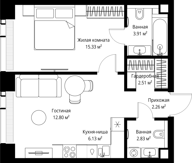 2 ккв (Евро) 45,8 м²
