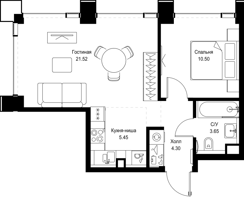 2 ккв (Евро) 45,4 м²