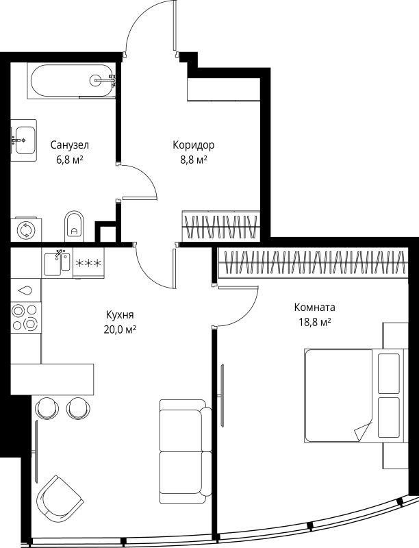2 ккв (Евро) 54,4 м²