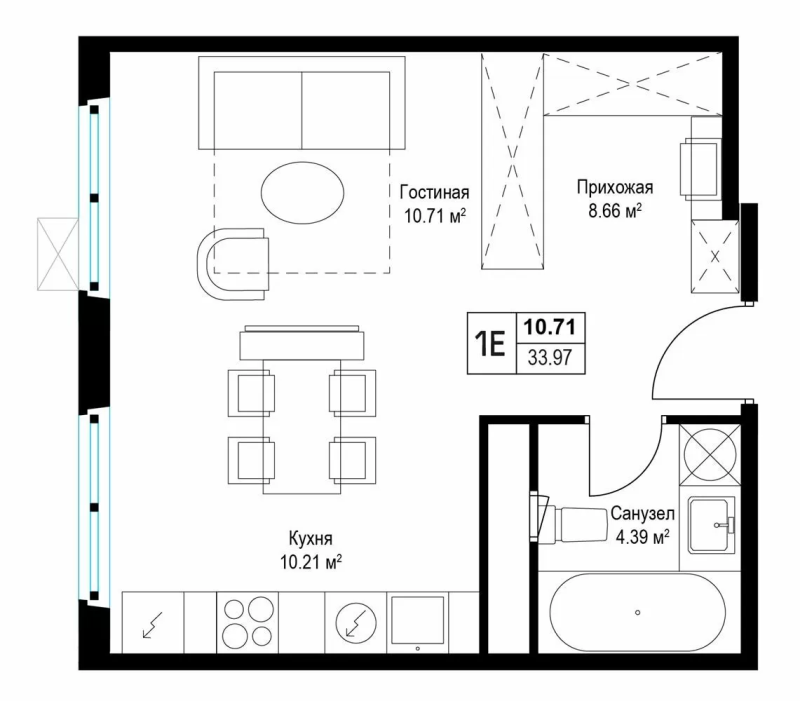Студия 33,9 м²