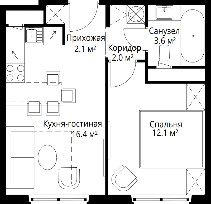 2 ккв (Евро) 36,2 м²