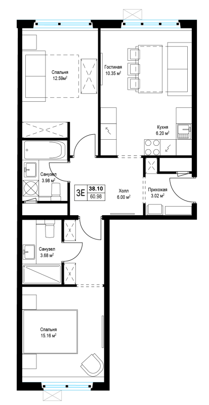 3 ккв (Евро) 60,8 м²