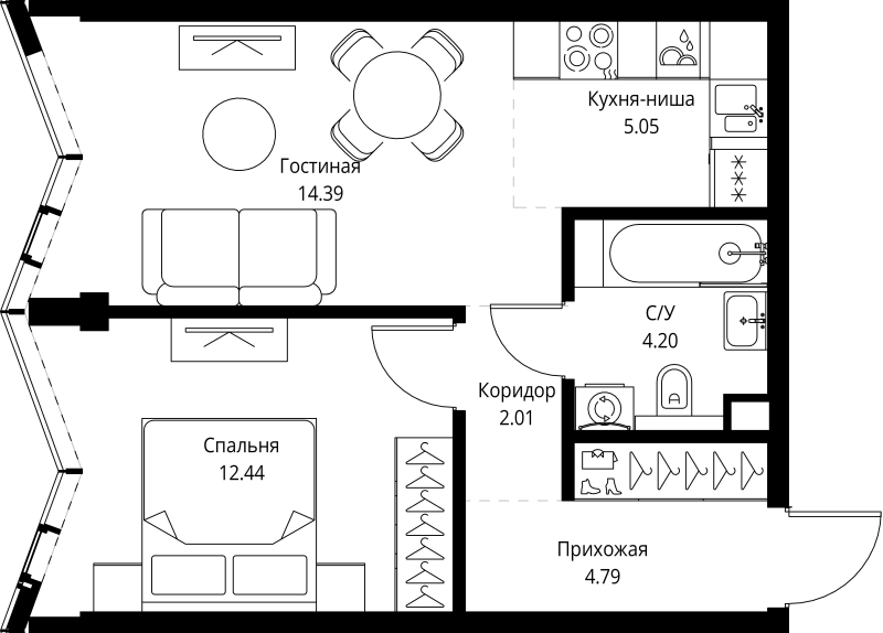 2 ккв (Евро) 42,9 м²