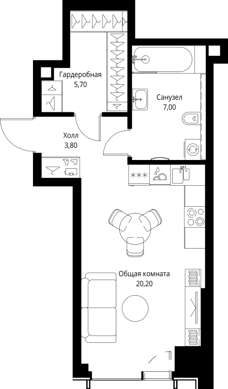 Студия 37,5 м²