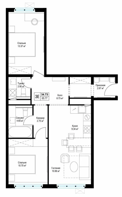 3 ккв (Евро) 65,9 м²