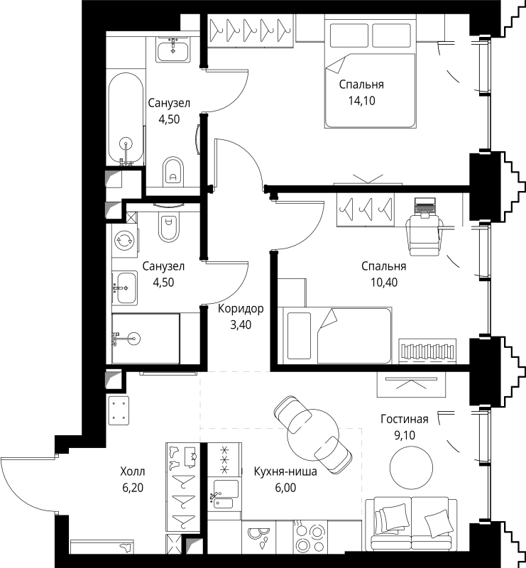 3 ккв (Евро) 58,8 м²