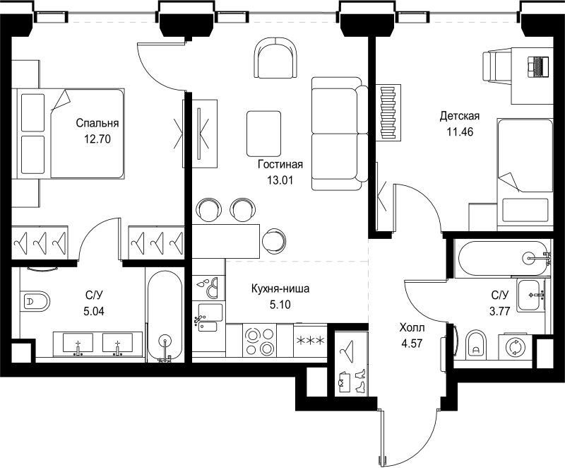 3 ккв (Евро) 55,7 м²