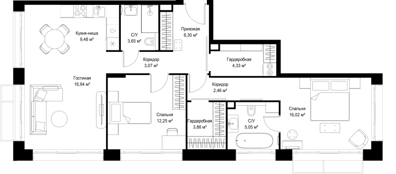 3 ккв (Евро) 83,4 м²