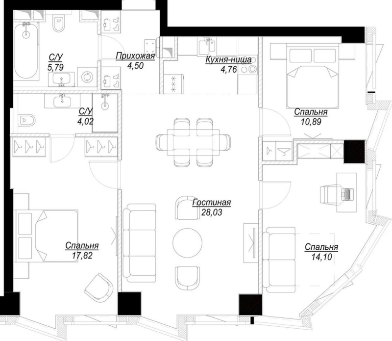 4 ккв (Евро) 90,5 м²