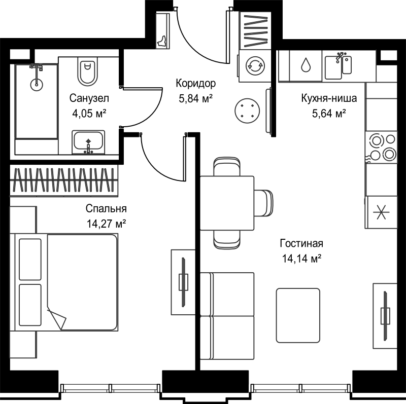 2 ккв (Евро) 43,9 м²
