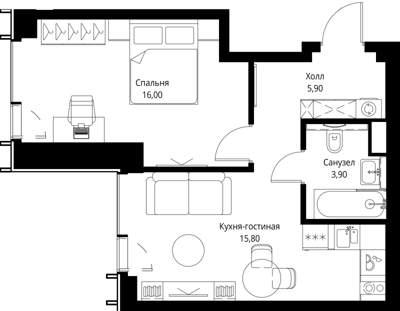 2 ккв (Евро) 42,7 м²