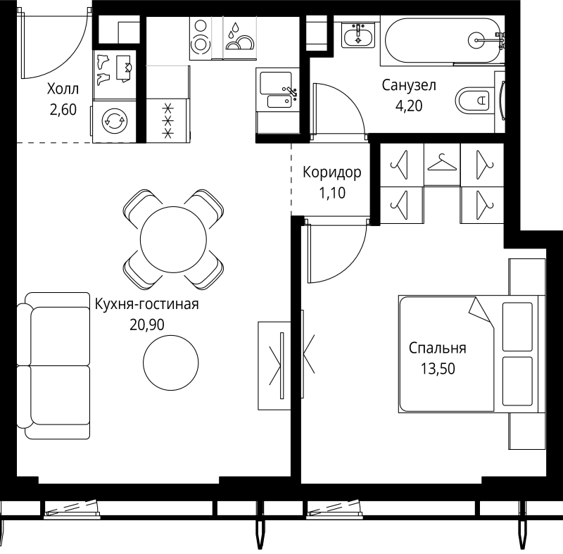 2 ккв (Евро) 42,3 м²