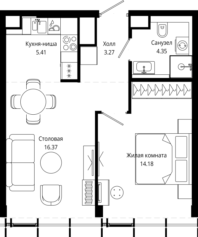 2 ккв (Евро) 44 м²