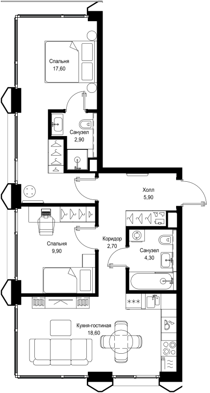 3 ккв (Евро) 61,9 м²