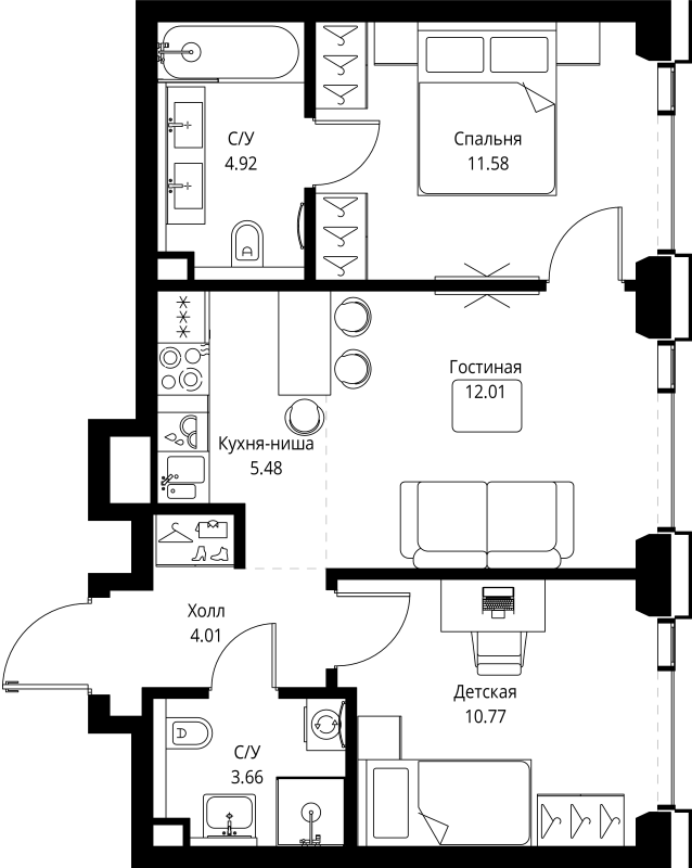 3 ккв (Евро) 52,4 м²