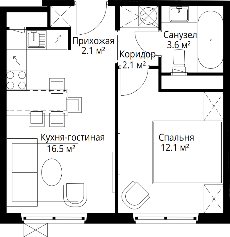2 ккв (Евро) 36,4 м²