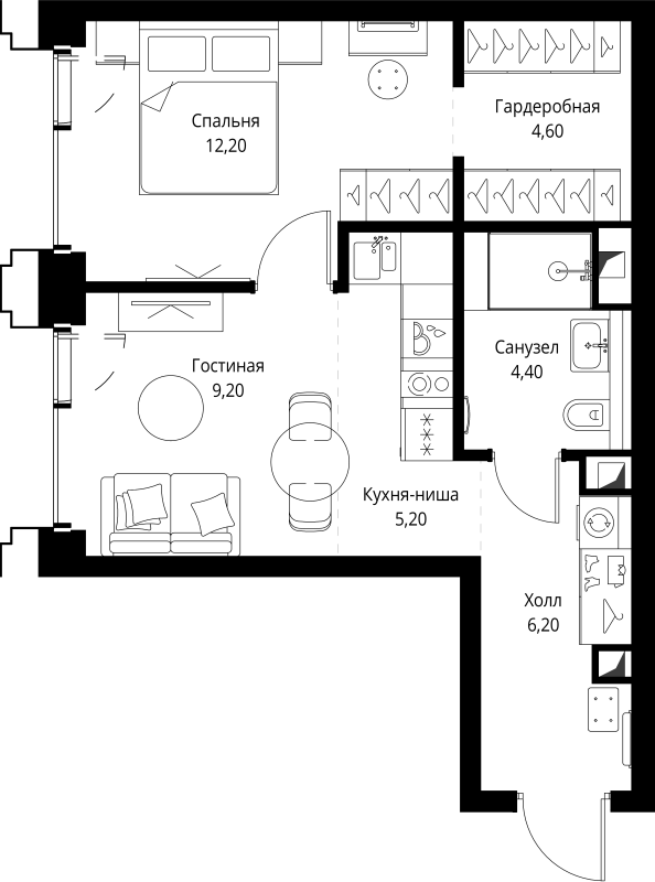 2 ккв (Евро) 42,2 м²