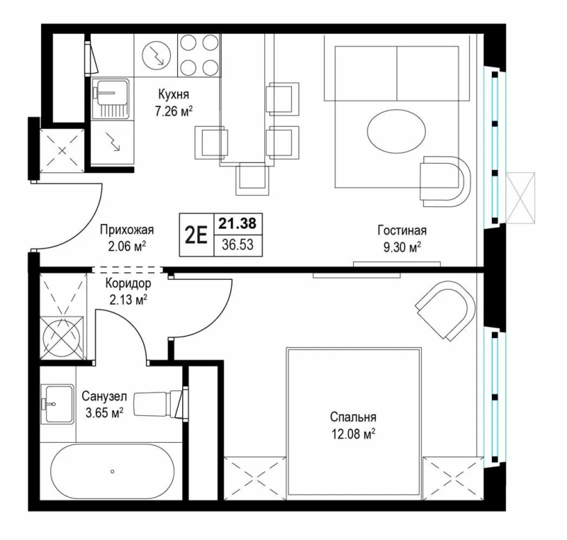 2 ккв (Евро) 36,2 м²