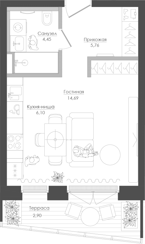 Студия 34,5 м²