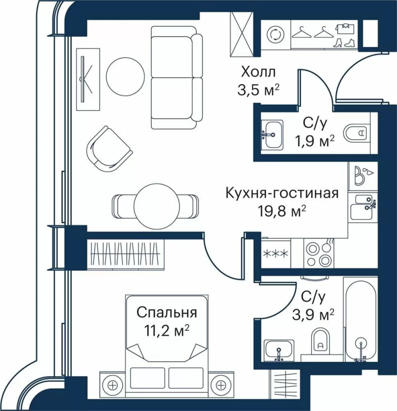 2 ккв (Евро) 39 м²