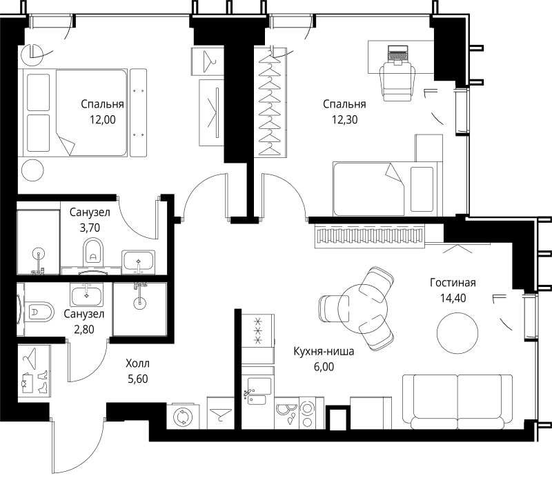 3 ккв (Евро) 57,8 м²
