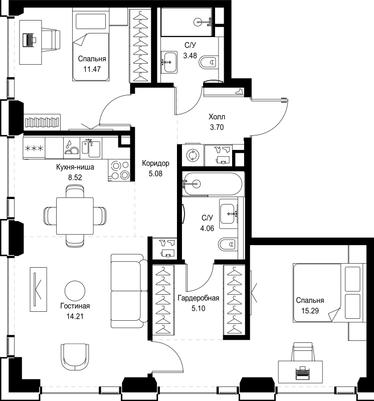 3 ккв (Евро) 70,9 м²