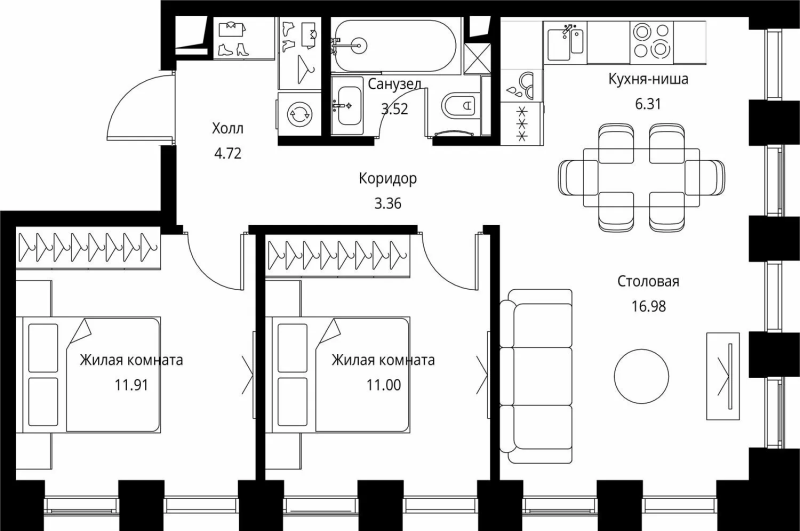 3 ккв (Евро) 57,8 м²