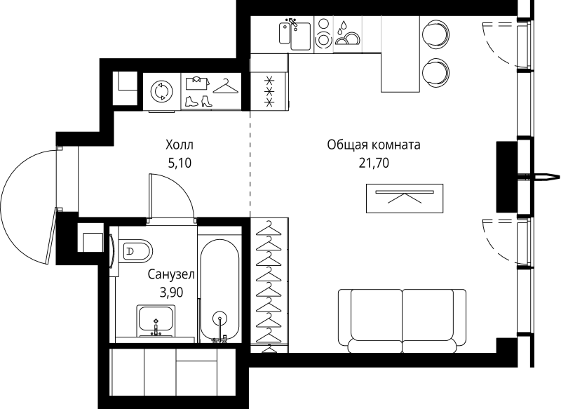 Студия 30,7 м²