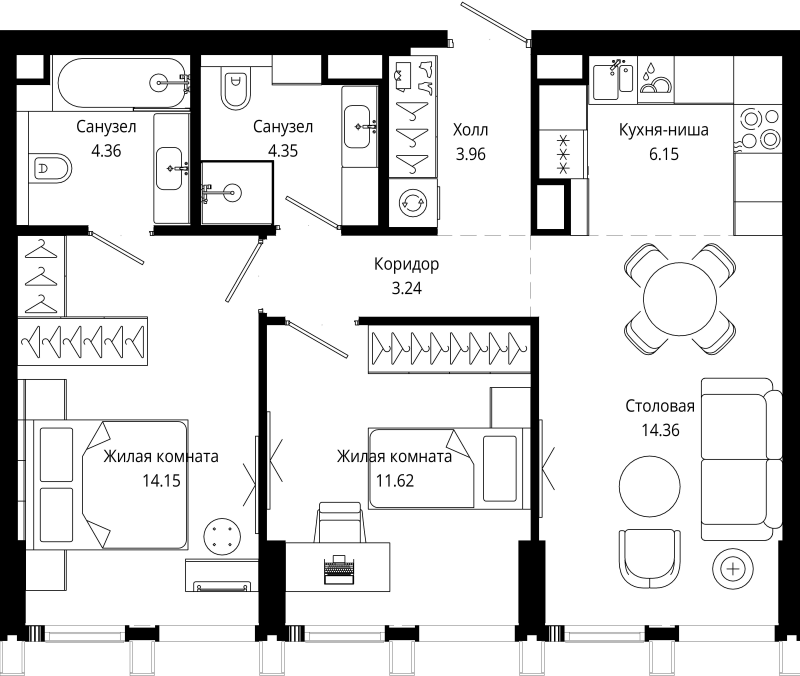 3 ккв (Евро) 62,3 м²