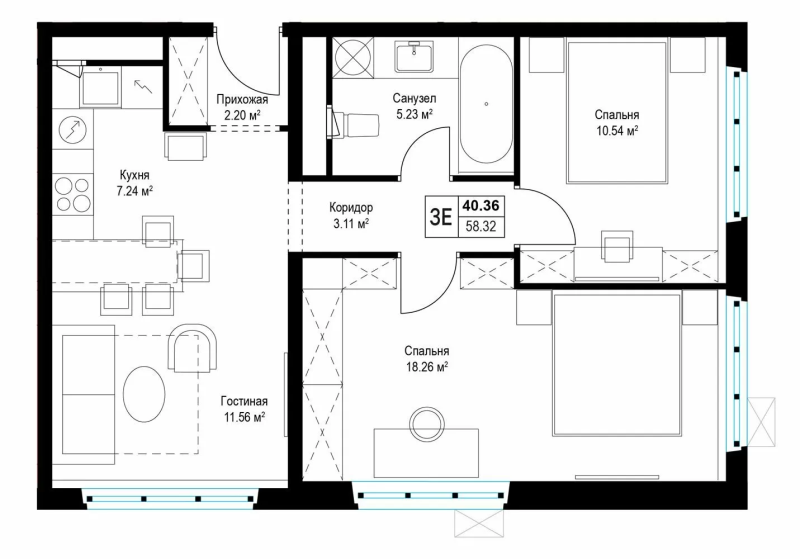 3 ккв (Евро) 58,4 м²