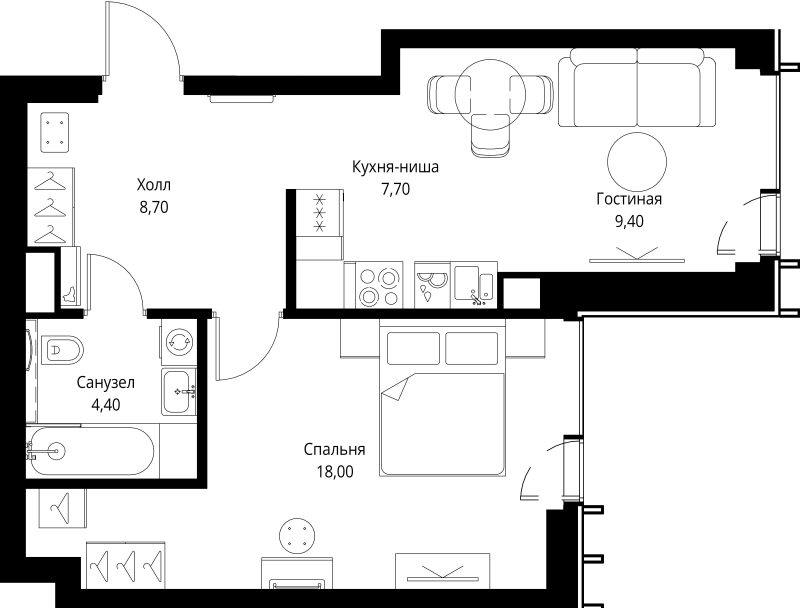 2 ккв (Евро) 48,2 м²
